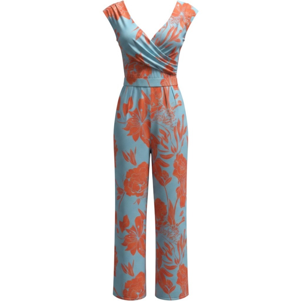 Olivia Mark Floral Wide Leg Jumpsuit Blue Orange Tropical V-Neck Size 10 12